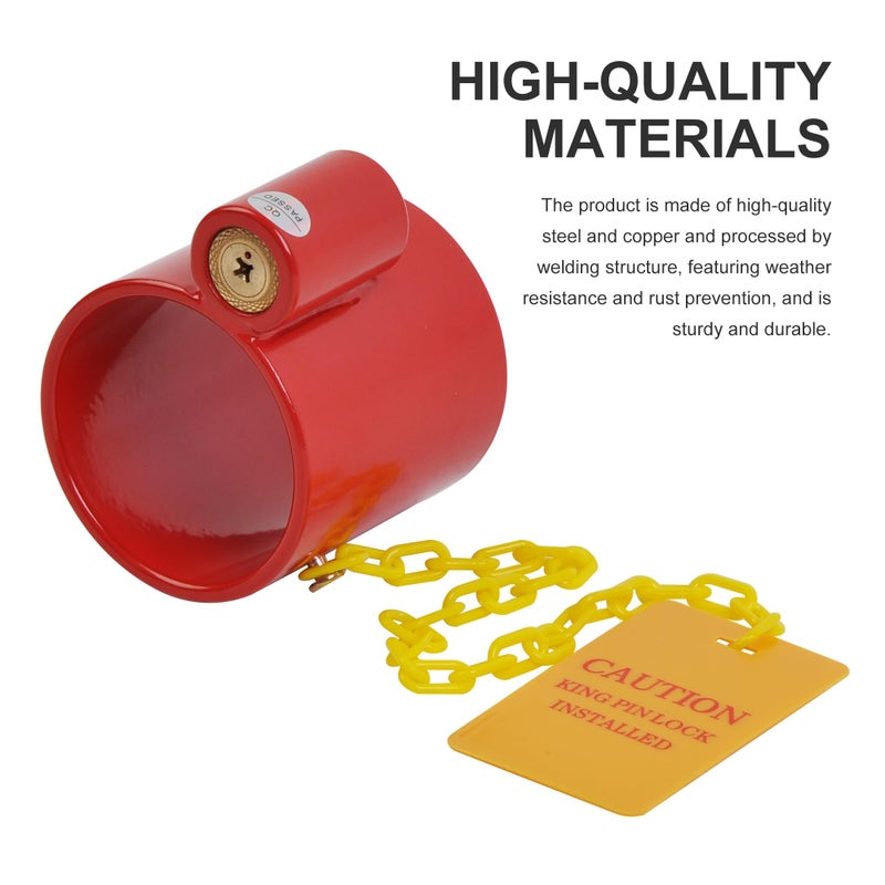 WINTOOLS Heavy Duty Steel Kingpin Lock Wheel Trailer Lock King Pin Red with Bright Yellow Caution Tag - Image 4